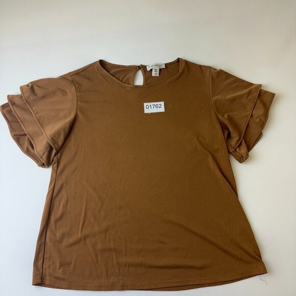 Faith and Joy Shirt Womens Medium Brown Ruffle Sleeve Keyhole Back Blouse Top - Picture 2 of 8